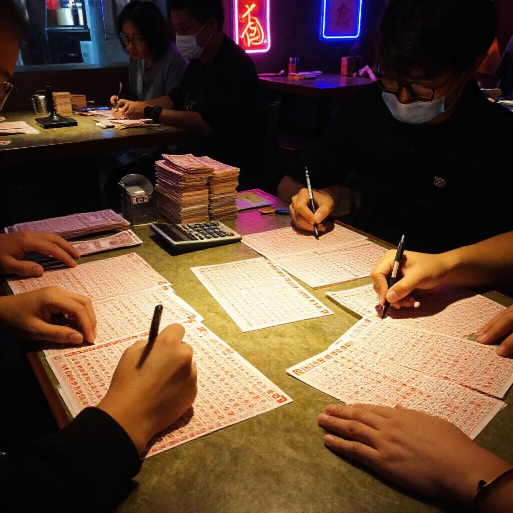 dimly lit underground betting den in Taiwan with 539 lottery tickets scattered on table players marking numbers on forms neon signs glowing in background stacks of cash and calculators nearby