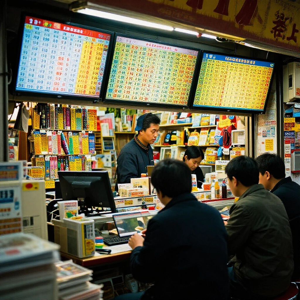 Taiwan lottery enthusiasts in a vibrant shop analyzing glowing screens displaying 539 omission charts with red highlighted cold numbers under warm ambient lighting