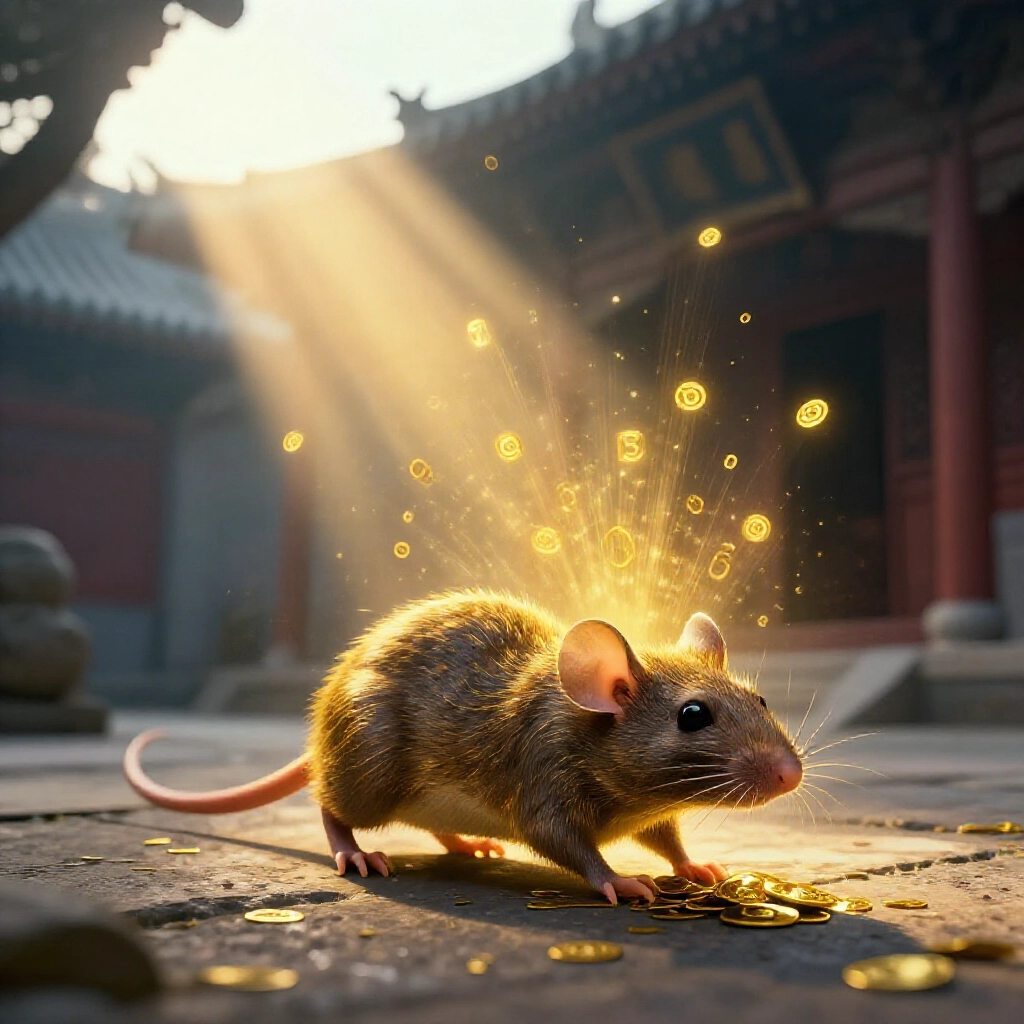 神秘老鼠象徵財富，在古中國屋子裡黎明時竄動，金光照亮彩票號碼光環