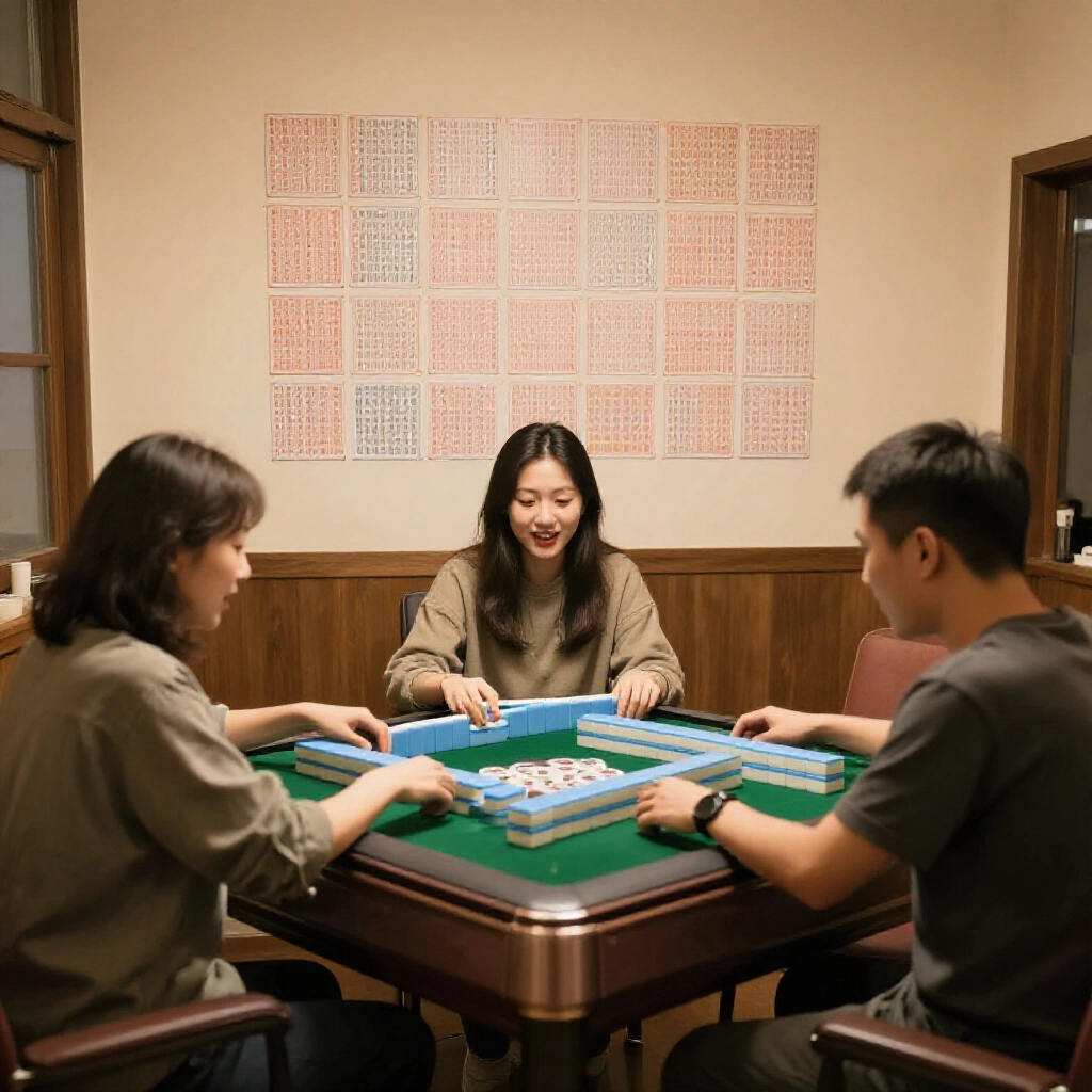 Three players around a mahjong table in a cozy Taiwanese living room with the card wall clearly showing eight reserved stacks at the end under soft warm lighting highlighting the remaining tiles and excited expressions