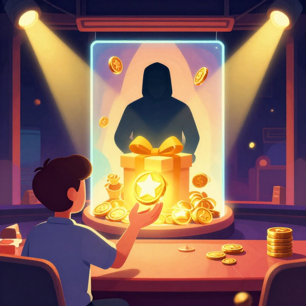 遊戲介面中玩家角色透過贈禮入口把閃亮星幣交給陰影幣商,熱鬧賭場氛圍下聚光燈打亮交易畫面