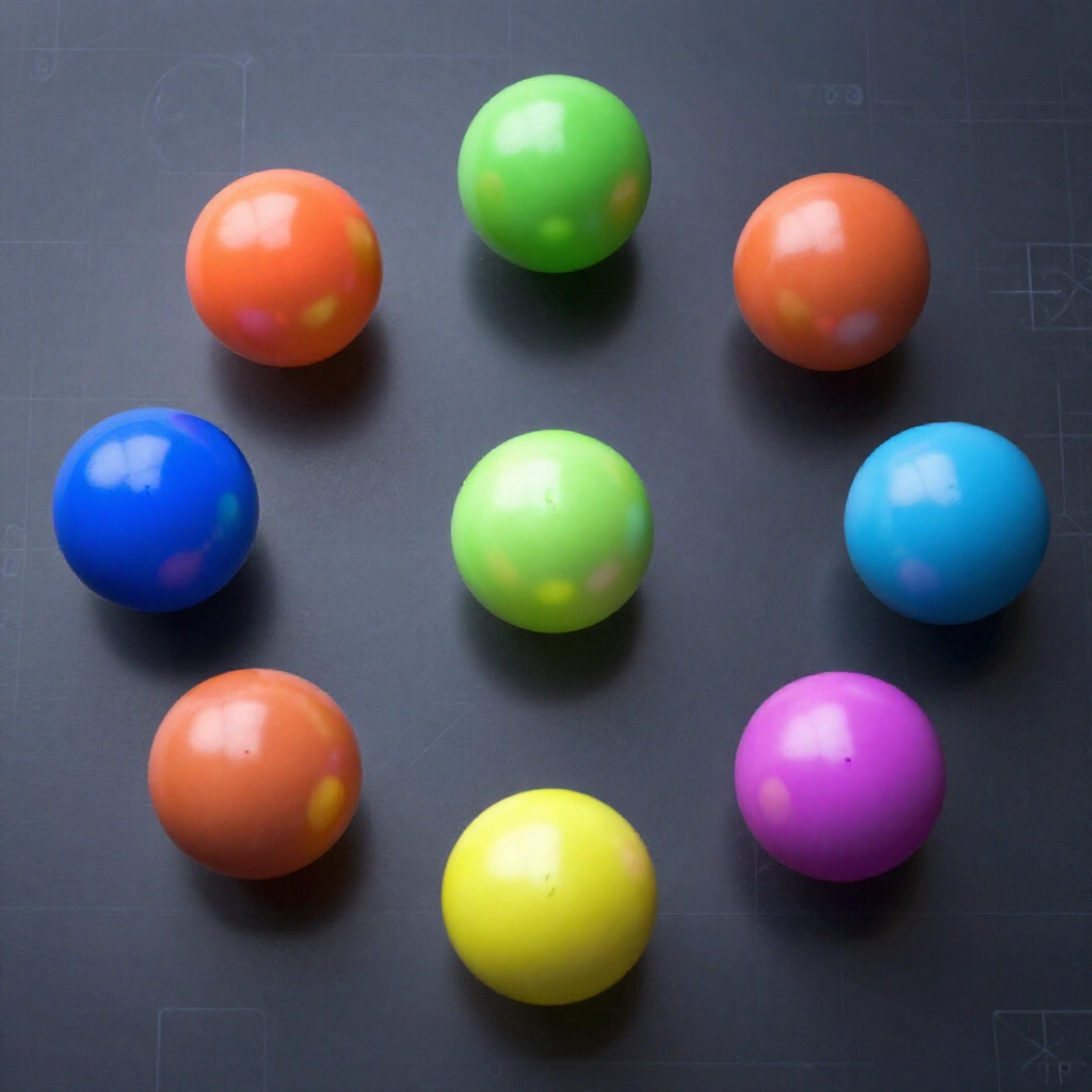 seven colorful numbered balls arranged in circle splitting into seven lines each missing one ball on sleek digital board with mathematical patterns overlay