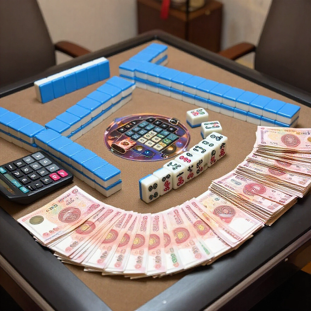Calculator and money piles on mahjong table showing 30 over 10 scoring example with banker continuous wins and one full circle settlement in cozy room atmosphere