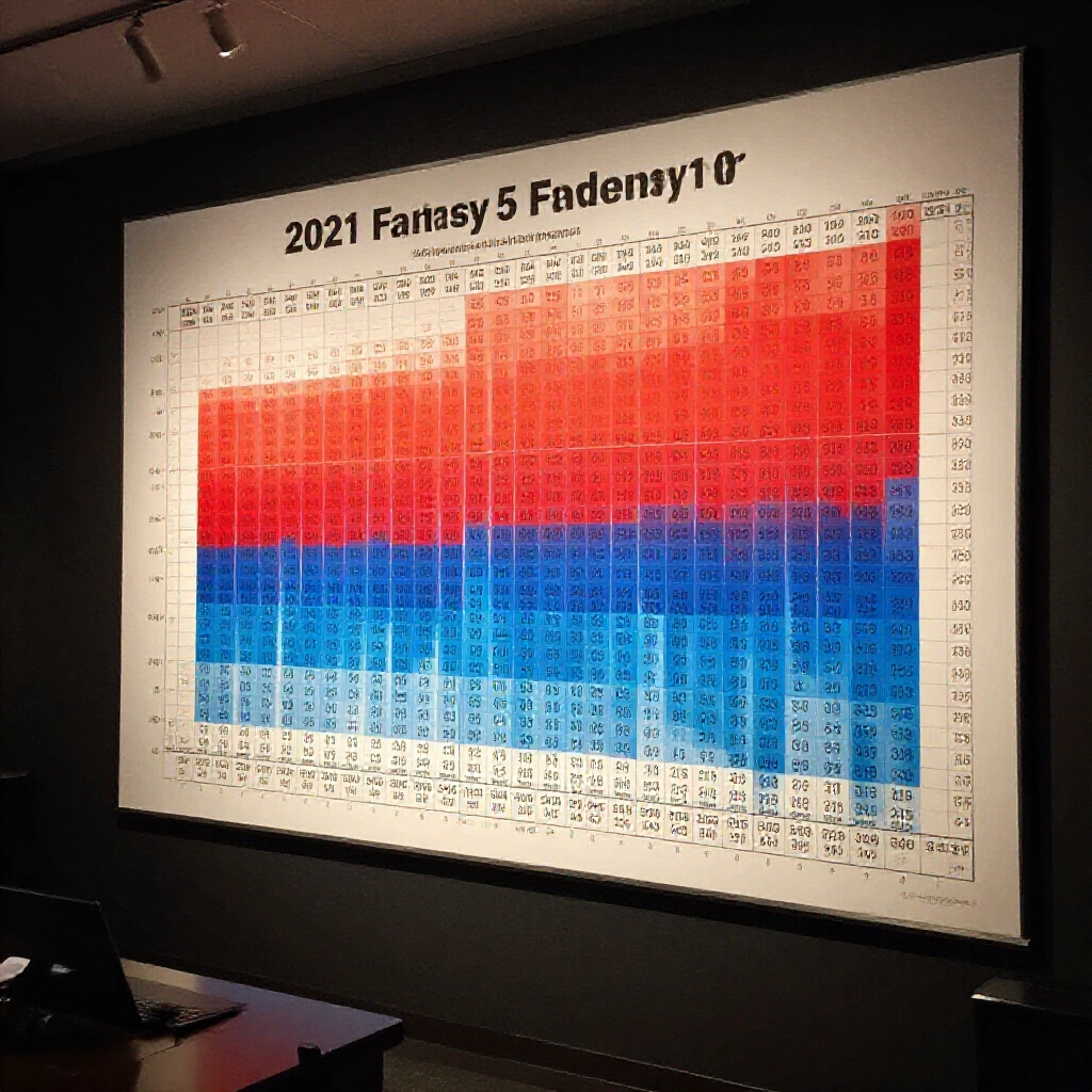 Heatmap visualization of hot and cold numbers for 2021 Fantasy 5 draws in warm red and cool blue tones on a large wall chart in a dimly lit analysis room