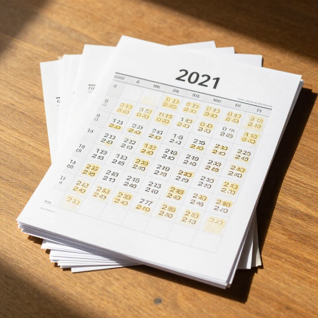 Seasonal calendar pages for 2021 lottery months stacked neatly with highlighted tail number clusters in golden hues on a sunlit wooden table