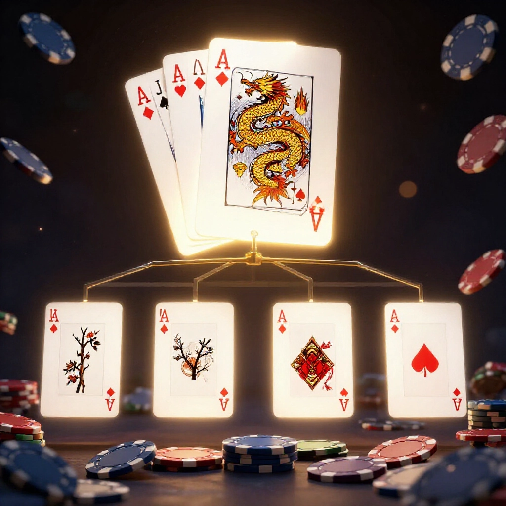 hierarchy chart of big two card types with dragon straight towering over four of a kind iron branch and straight flush cards glowing intensely dark background poker chips falling defeated atmosphere