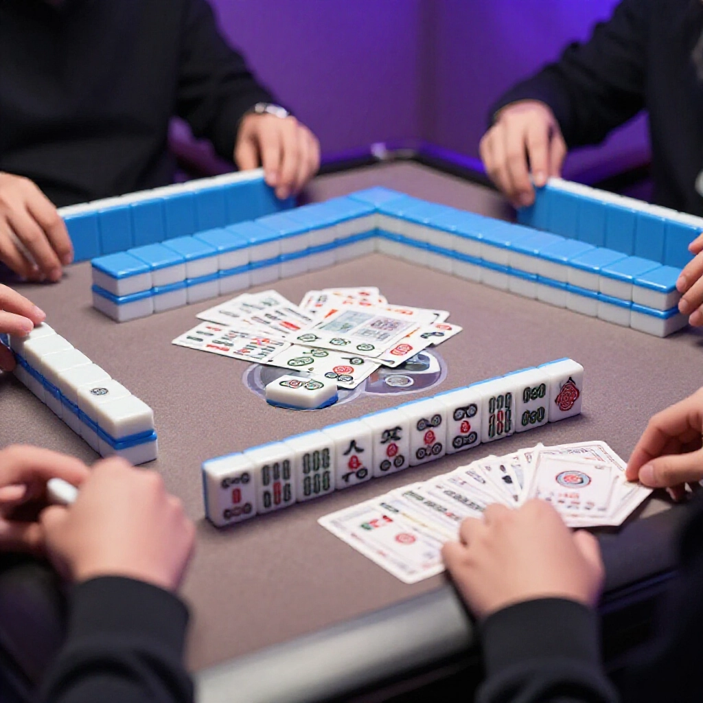 Japanese Sanma mahjong dead wall with fourteen reserved tiles including dora indicator and rinshan cards in a tense competitive atmosphere on a modern table with focused players and subtle neon glow