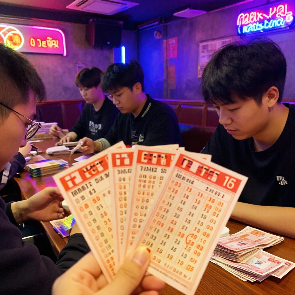 台灣玩家在昏暗地下場投注六合彩特別號單碼、台號與特三尾,霓虹燈牌與現金堆疊旁邊