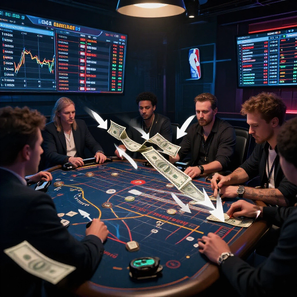 投注圖表與線圖融入NBA對戰場景，資金流箭頭顯示逆向移動，營造高風險交易室的昏暗氛圍