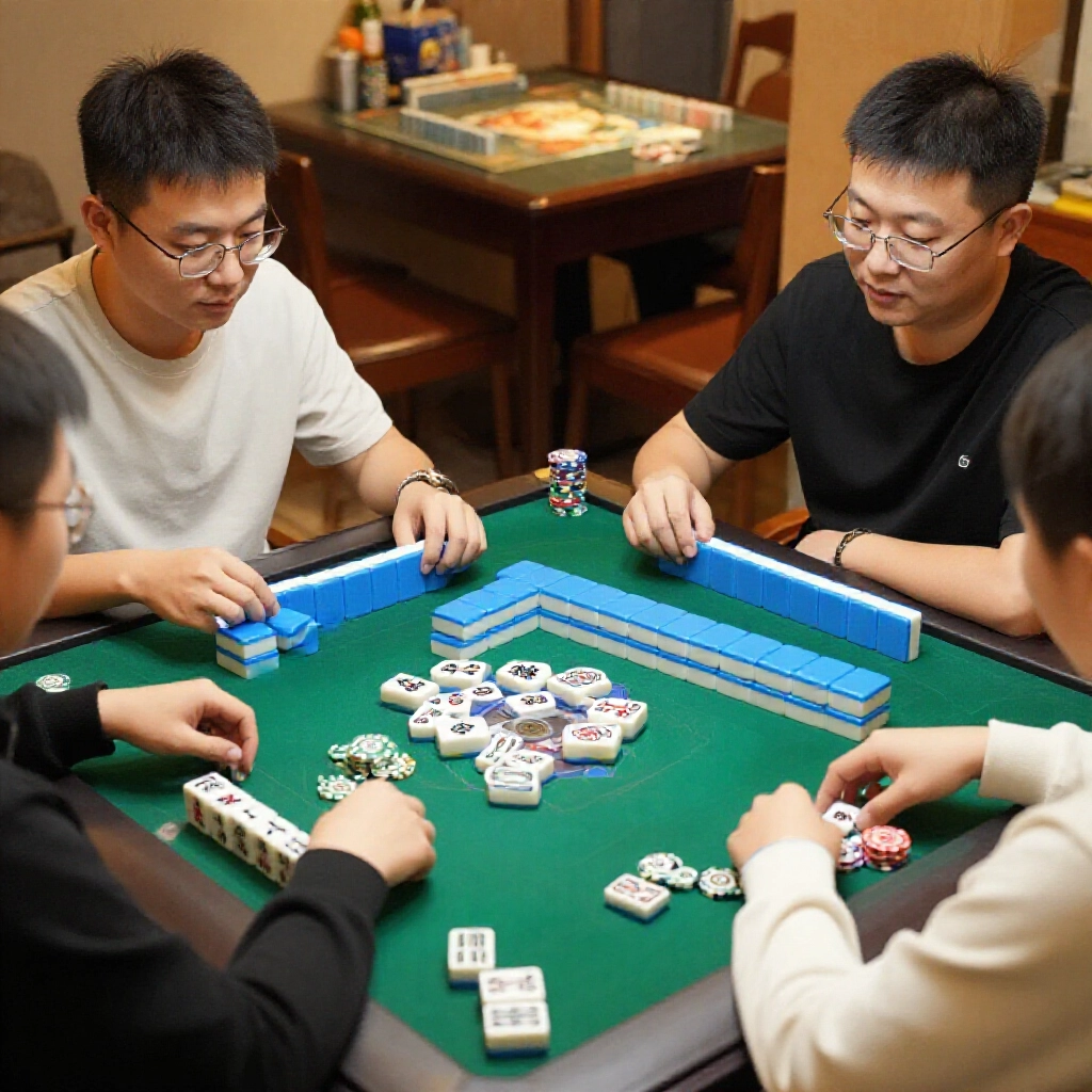 Mahjong players debating chip ratios on table with unbalanced piles like low top values leading to hasty plays versus balanced stacks promoting strategic high pattern pursuits in cozy social setting