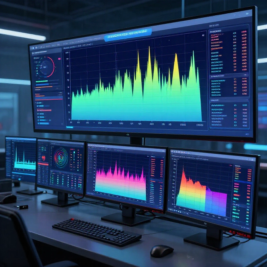 heatmap visualization of 2020 fantasy 5 number trends with frequency bars and omission stats across multiple monitors in a high-tech data center with dynamic color gradients