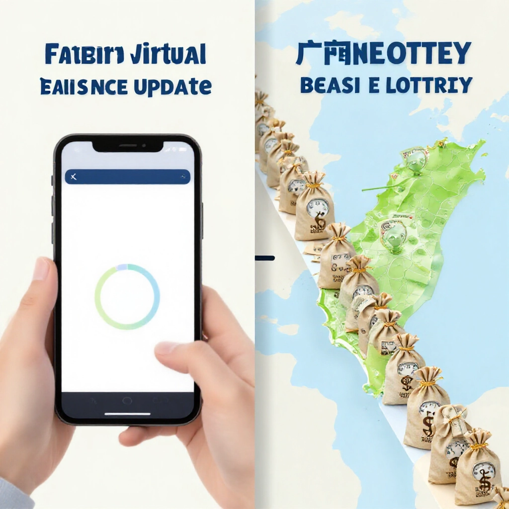 split screen infographic contrasting fast online virtual channel balance update in fifteen minutes versus physical lottery shop cash redemption line with timers money bags and Taiwan maps in clean professional daylight tones