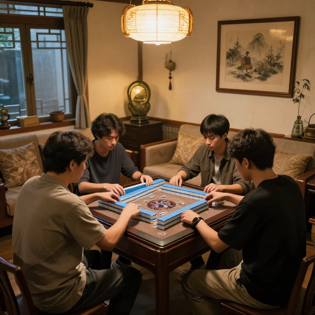 台灣客廳麻將桌，四位玩家專注遊戲，避免觸碰禁忌，暖光營造緊張氛圍，傳統裝飾細膩逼真