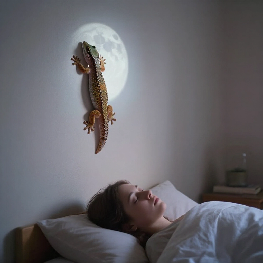 夢幻臥室牆上壁虎爬行,柔和月光,有人安睡,空靈色調喚起財富預兆與潛意識幸運