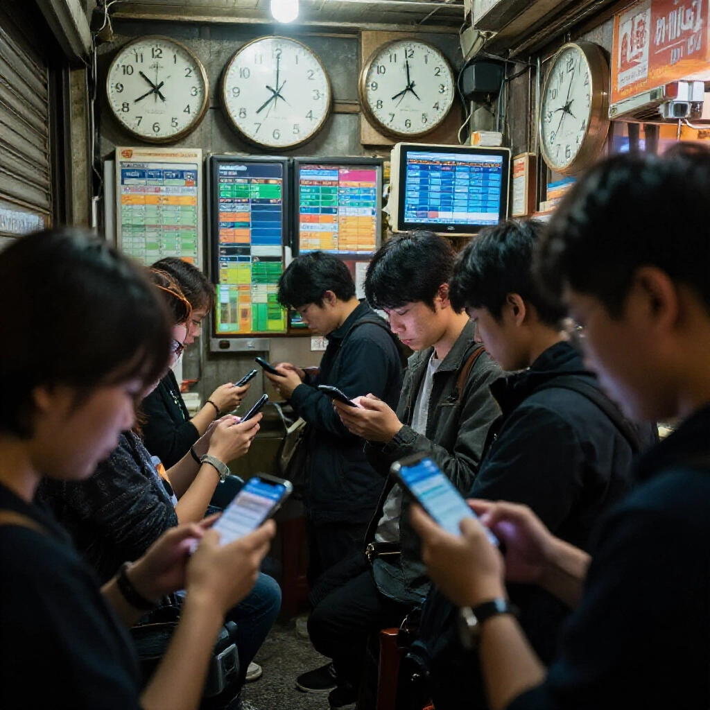 台灣深夜投注店，球迷盯手機和時鐘，螢幕顯示線上盤口，氣氛緊張期待開賽