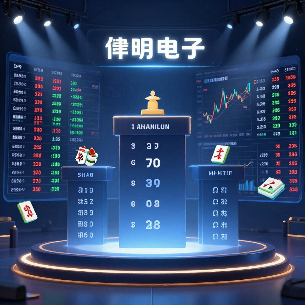 營收排行榜頂端是鈊象電子，周圍環繞股票代碼、EPS圖表和麻將遊戲圖示，在聚光燈下的專業財務面板