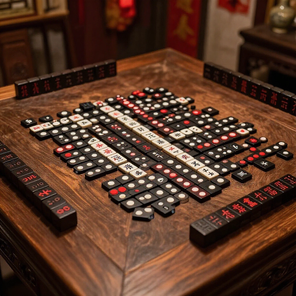 傳統天九牌黑粒仔散佈木桌,紅白點數文武子圖案,營造宋代節慶氛圍