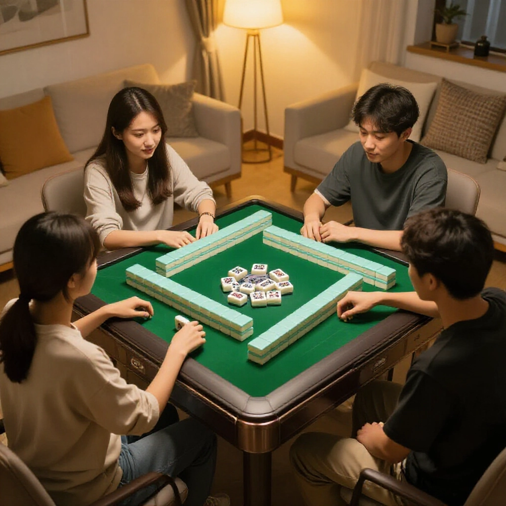 三位朋友圍著方桌打麻將，空一個位子，暖光灑在綠氈上，溫馨客廳氛圍