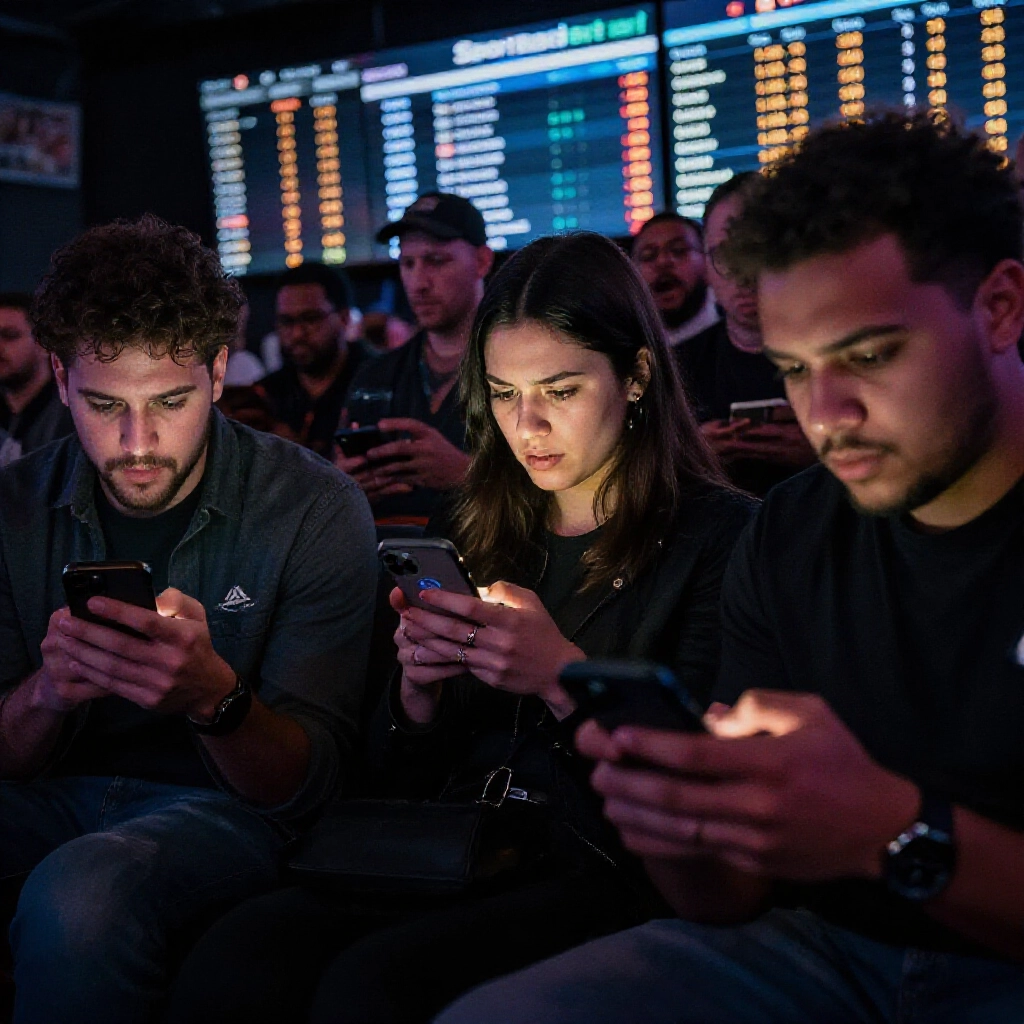tense atmosphere of bettors staring at smartphones after NBA game buzzer with delayed payout notification icons and Sportradar data feeds syncing in background soft neon glow and anxious expressions