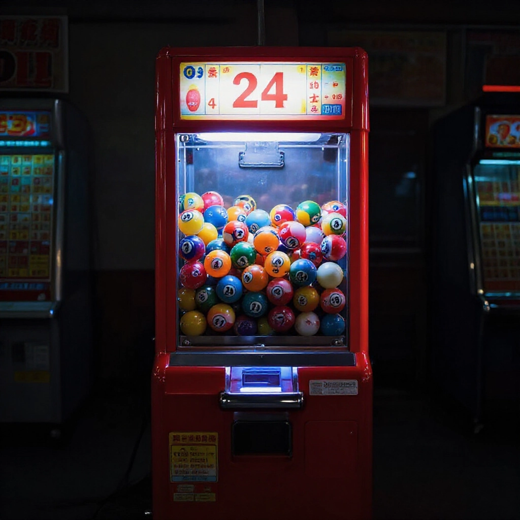 Vibrant lottery machine shaking colorful numbered balls in a dimly lit Taiwanese lottery hall with spotlight on number 24 isolated in shadow evoking prolonged absence