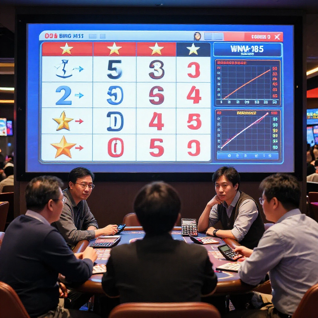 Group of strategizing players comparing 6 star versus 5 star bingo payouts on a large screen with calculators and graphs showing win rates in modern betting lounge atmosphere