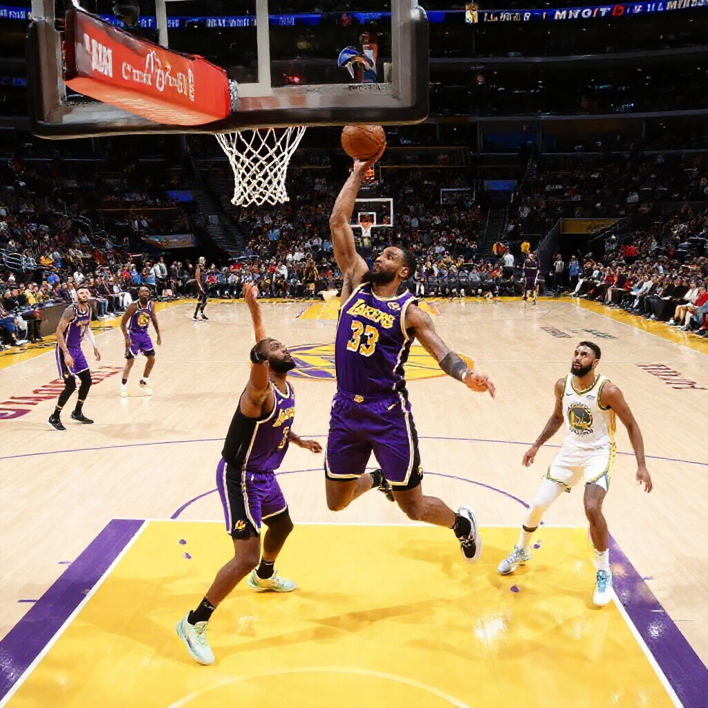 熱鬧的NBA球場，湖人球員穿紫色球衣衝向籃框，對抗勇士防守，聚光燈下展現讓分盤投注的緊張氛圍