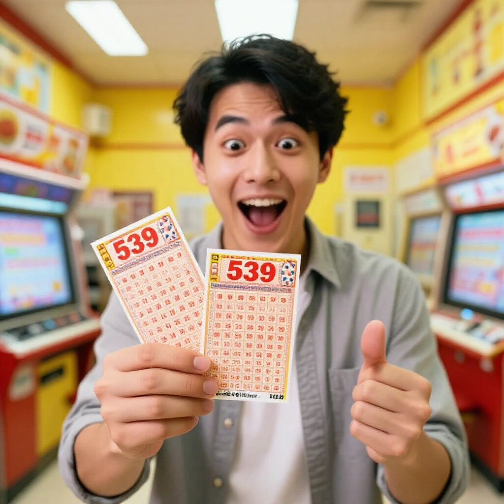 興奮彩迷在台灣投注站手持中三碼539彩票慶祝固定300元獎金，溫暖燈光喜悅氛圍