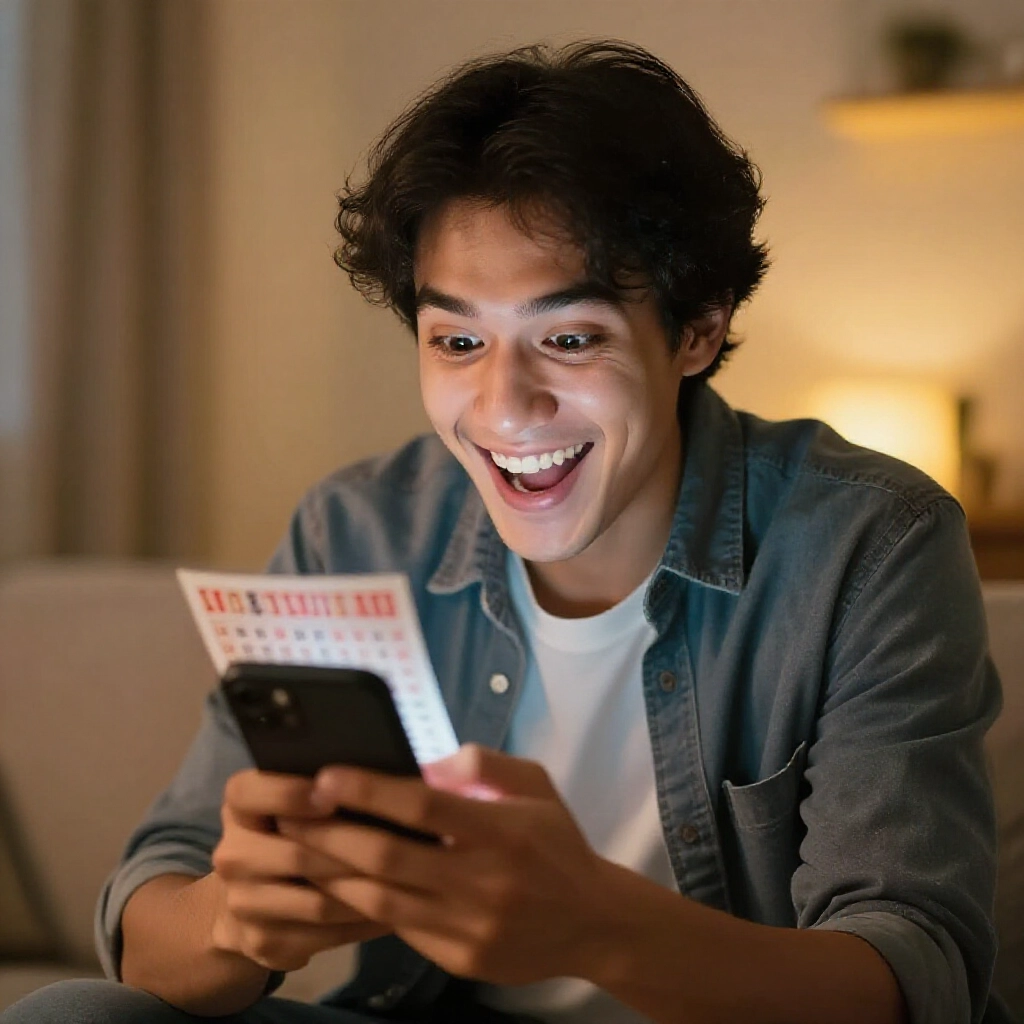 excited lottery player smiling broadly while checking ticket numbers on phone in cozy home with jackpot lights glowing softly in background