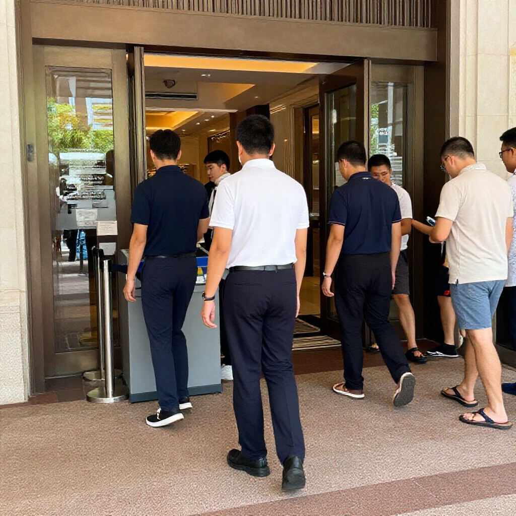 聖淘沙賭場門口，穿長褲Polo衫的男人過關，短褲拖鞋的被擋，冷氣氣息撲面