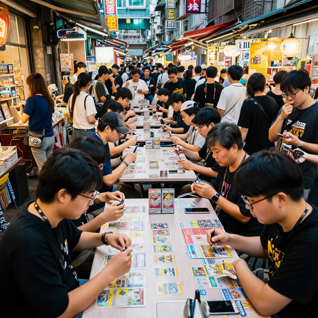 台灣地下街市場擠滿熱血寶可夢TCG玩家,桌子上彩色牌組滿滿,霓虹燈下群眾歡呼對戰