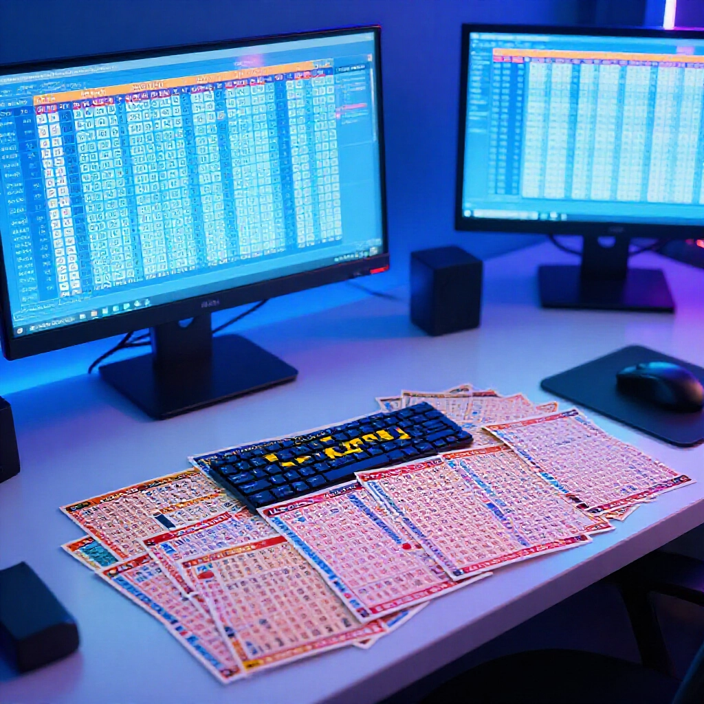 Vibrant digital archive of lottery tickets from California Fantasy 5 in 2021 spread across a modern desk with glowing screens displaying daily draw numbers under soft blue lighting