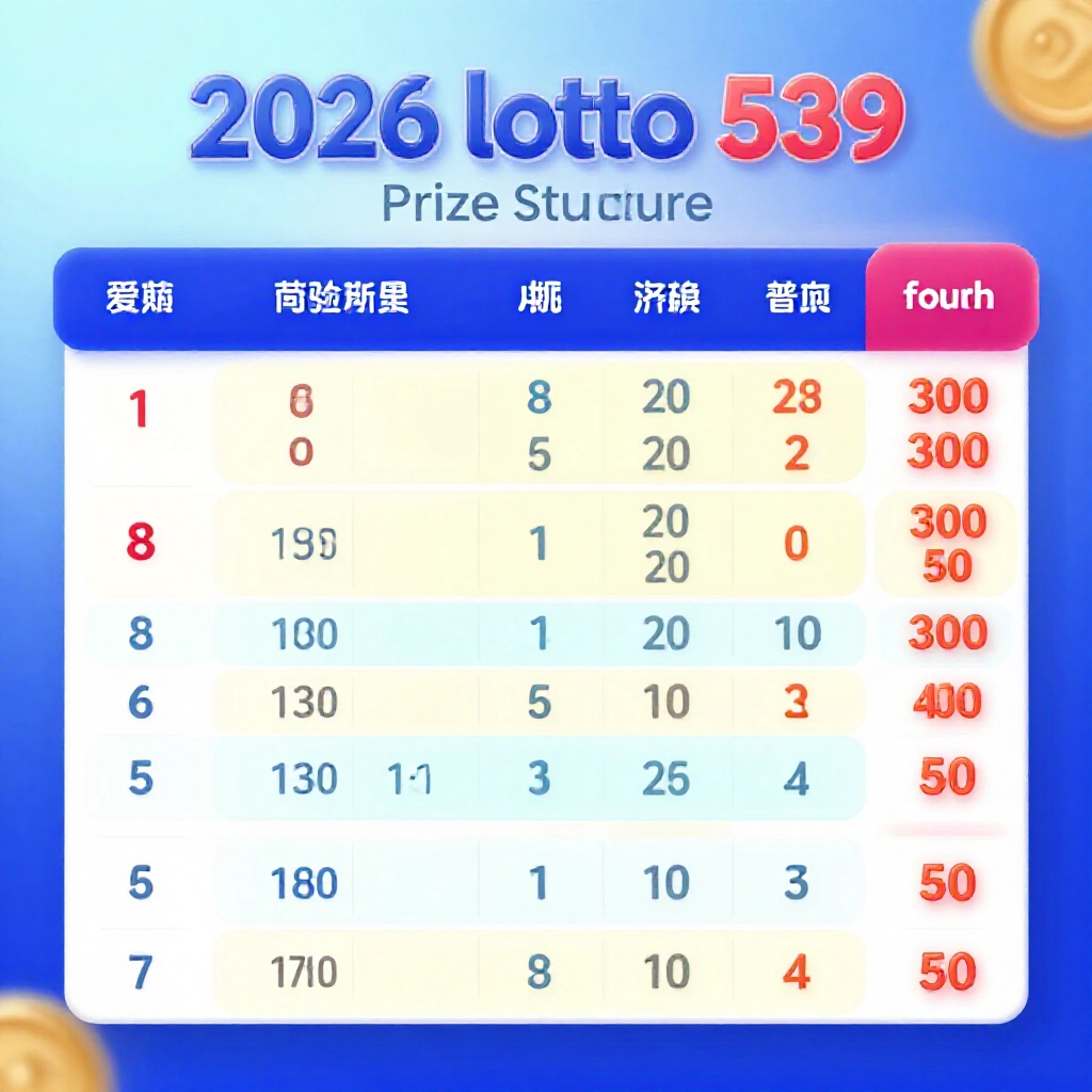 2026今彩539獎金結構圖表，頭獎800萬到肆獎50元，清晰階層設計