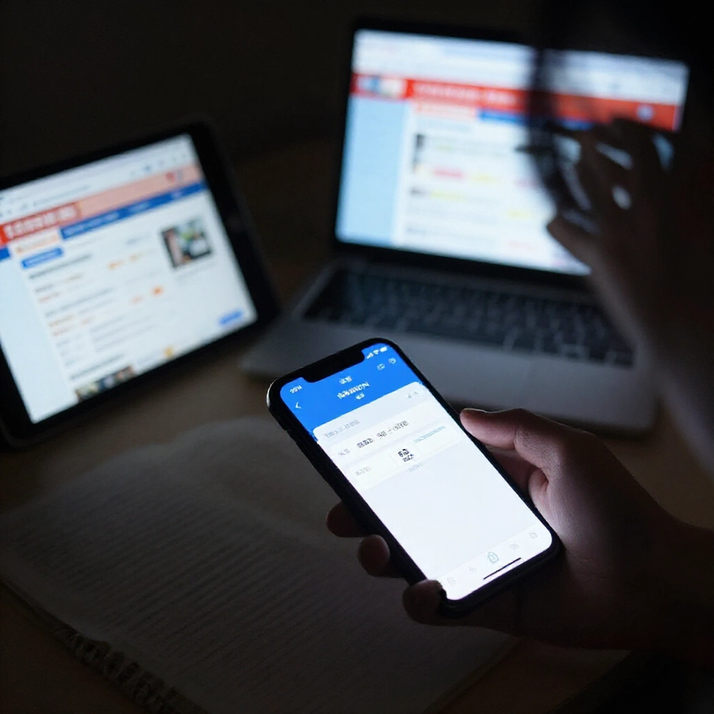 深夜昏暗房間,沮喪用戶盯著手機銀行 App 失敗通知,旁邊平板開著台灣運彩網站