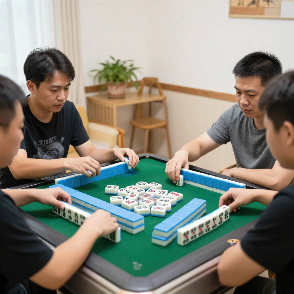 三位玩家在明亮的台灣客廳麻將桌前傳牌，專注碰牌動作，表情緊張，桌上散落筒子與條子牌