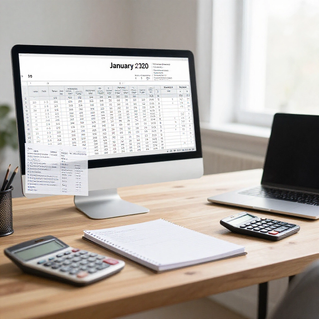 structured excel table of january 2020 fantasy 5 winning numbers on a wooden desk next to laptop calculator and notepad in a bright home study with natural window light