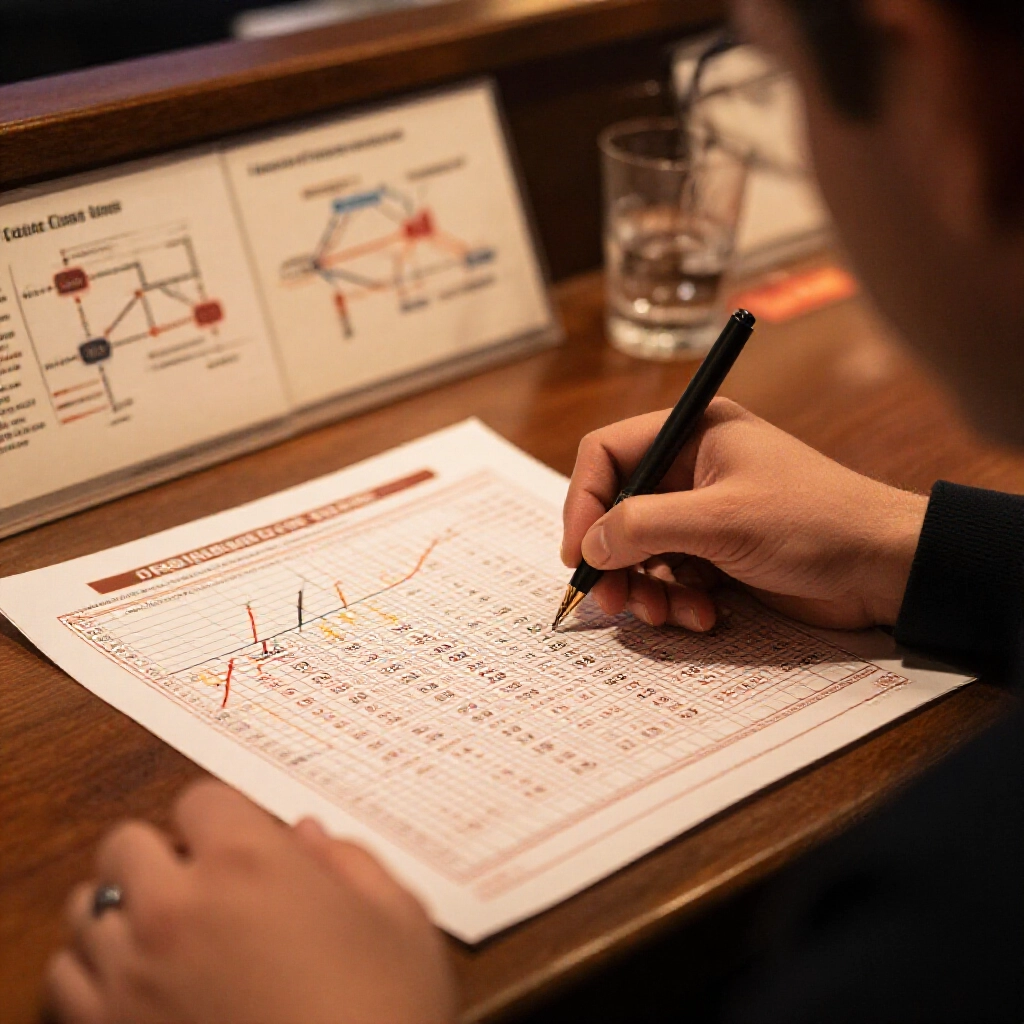 Strategic player at betting counter marking avoid numbers on a 539 ticket form with graphs showing cold streaks and decision flowchart in background warm ambient glow