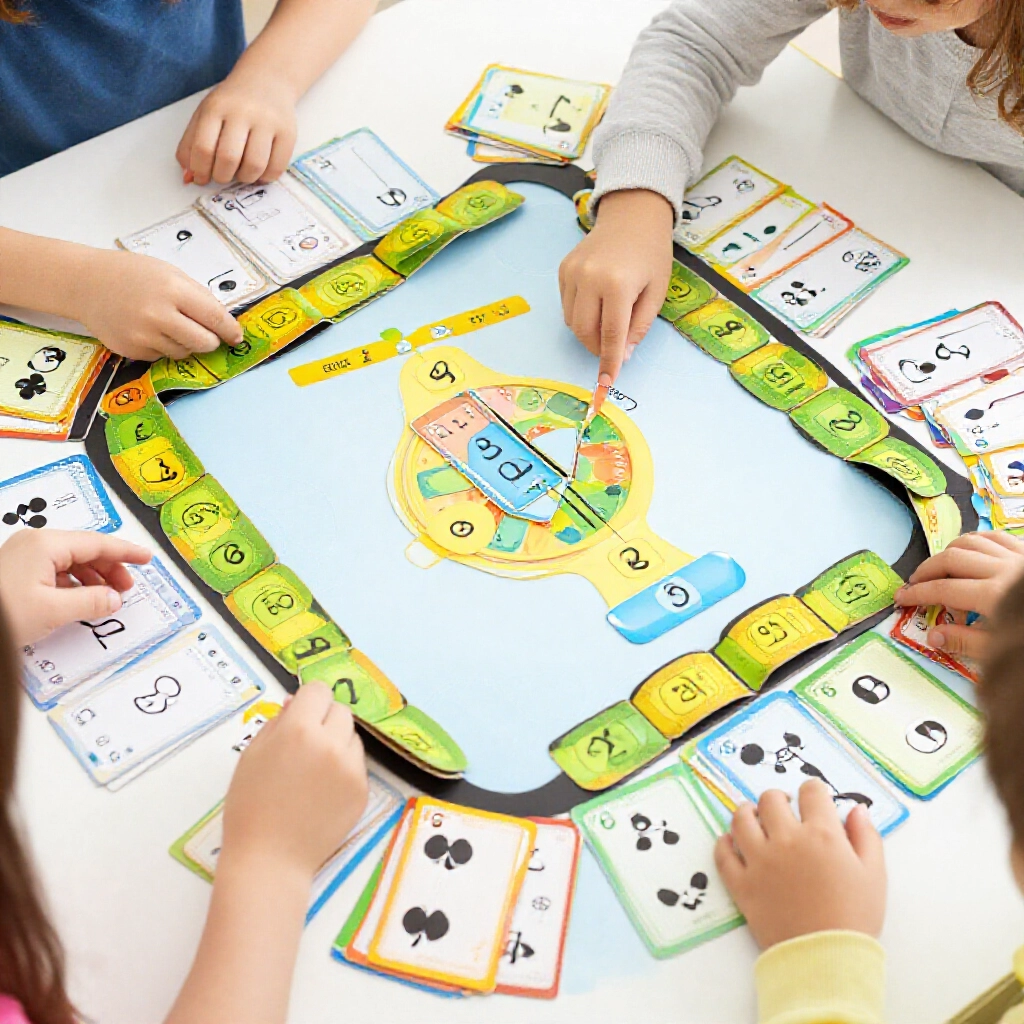 撲克牌遊戲佈置,強調視覺辨識、精細動作和數學邏輯,小孩配數字花色,動感場面色彩鮮豔