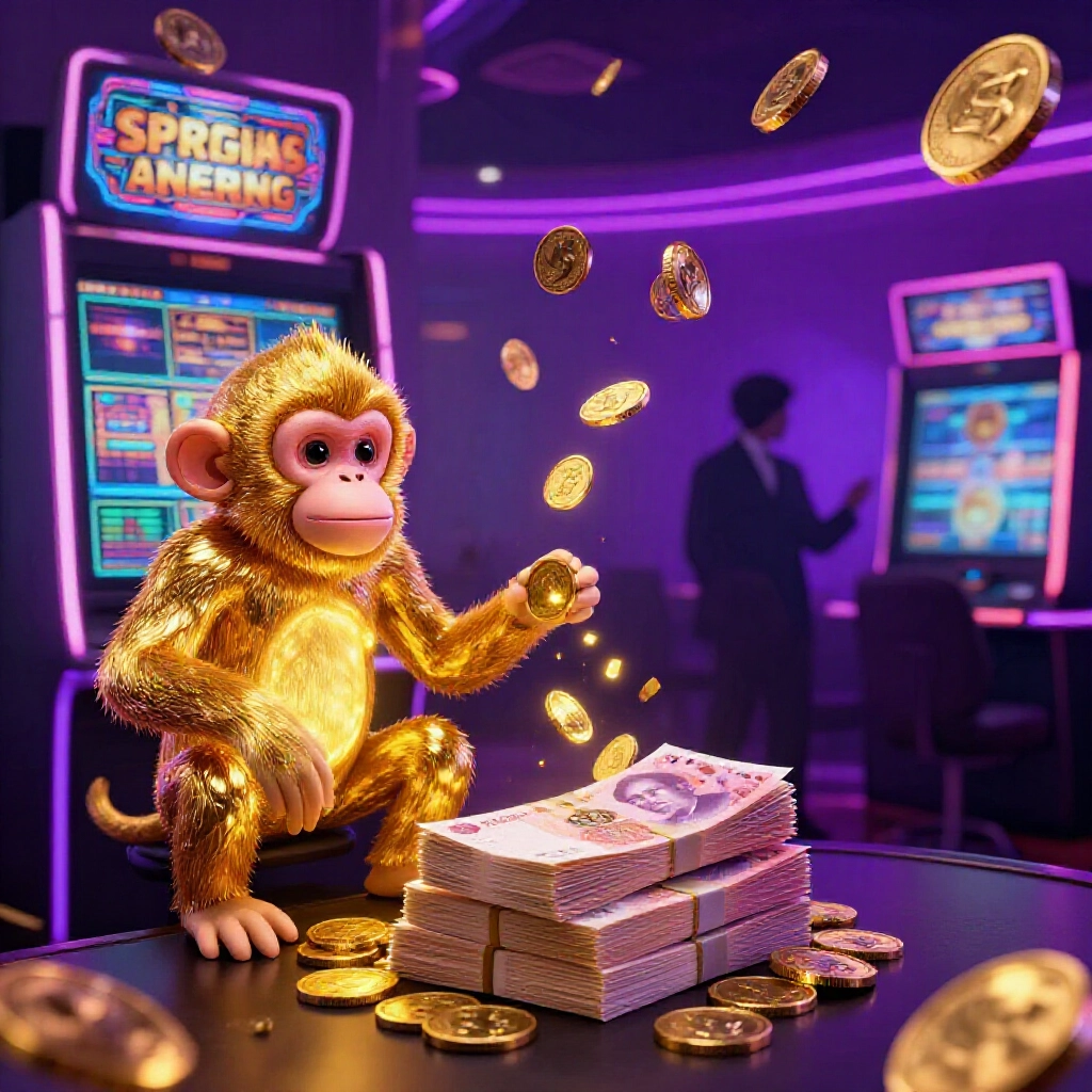 熱鬧賭場畫面,金猴爺老虎機閃金幣飄向台幣,背景陰影幣商身影,紫金霓虹營造神秘遊戲氛圍