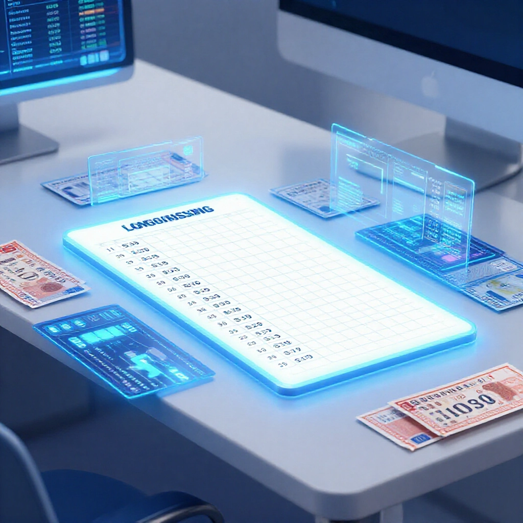 Clean modern table displaying top 10 longest missing 539 numbers chart surrounded by glowing data visualizations and lottery tickets on a sleek desk under soft blue lighting
