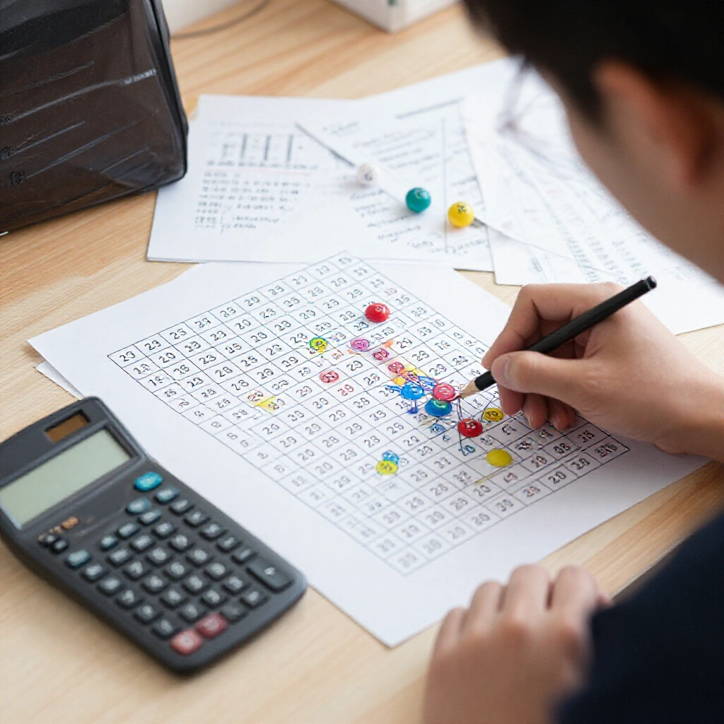 focused player at desk using calculator for lien peng combinations selecting numbers from 01 to 39 grid drawing pillar connections colorful number balls rolling strategy notes scribbled around