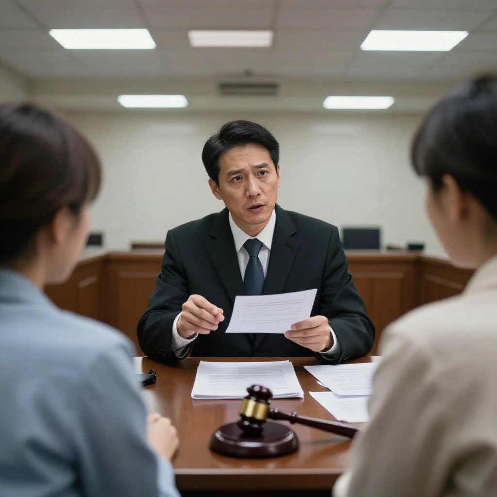 律師在法庭向焦慮受害者解釋刑事民事訴訟,桌上文件和法槌,燈光刺眼,傳達正義氛圍
