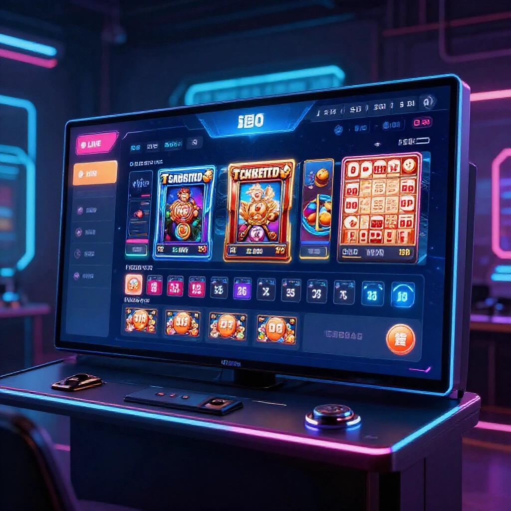 Modern online gaming dashboard displaying live blackjack sports betting slots and lottery options with glowing neon lights and Taiwanese user interface in a sleek cyberpunk atmosphere