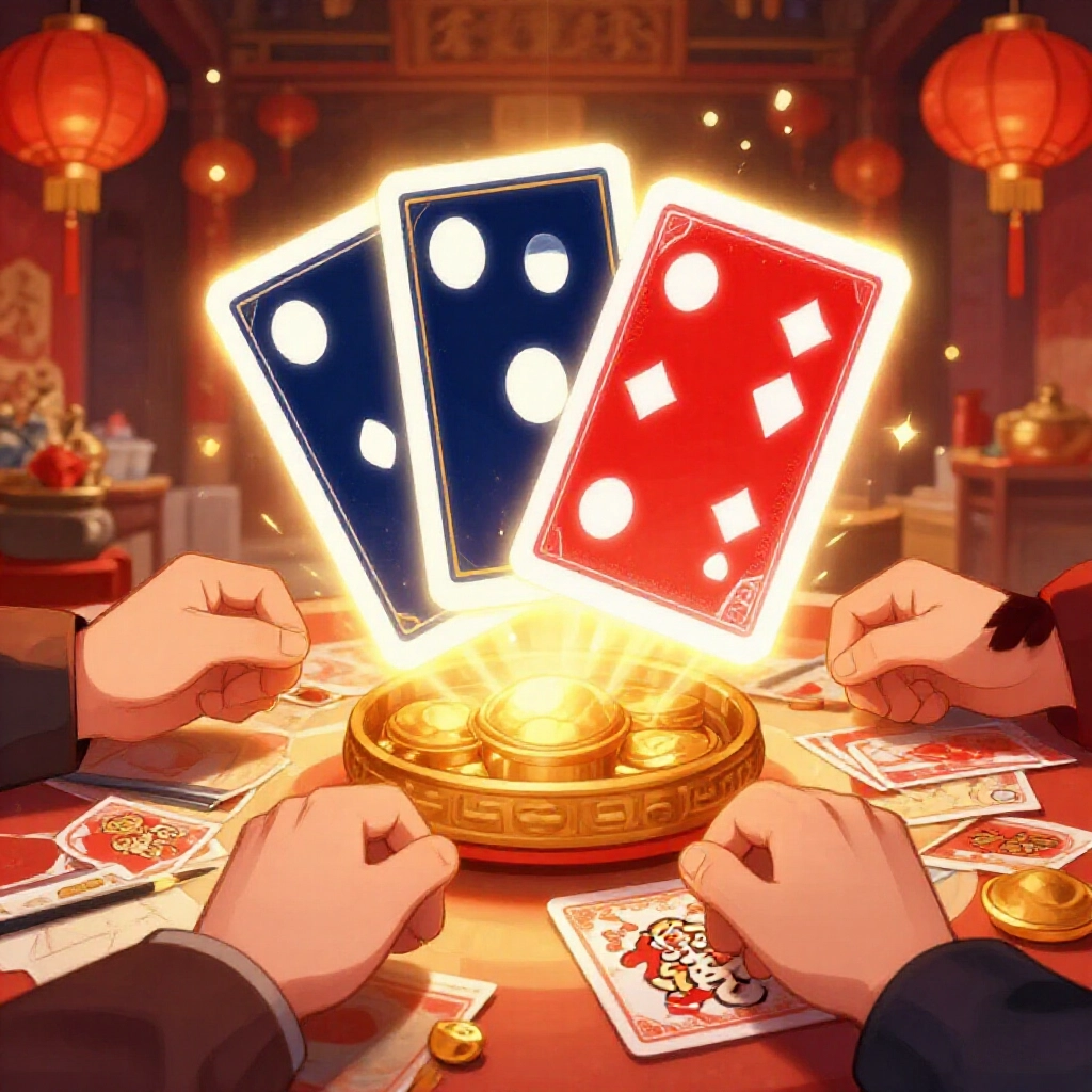 dramatic illustration of supreme treasure combo in tianjiu pai featuring ding three white three dot card and two four red two white four card glowing triumphantly amidst scattered losing hands in festive taiwanese new year setting