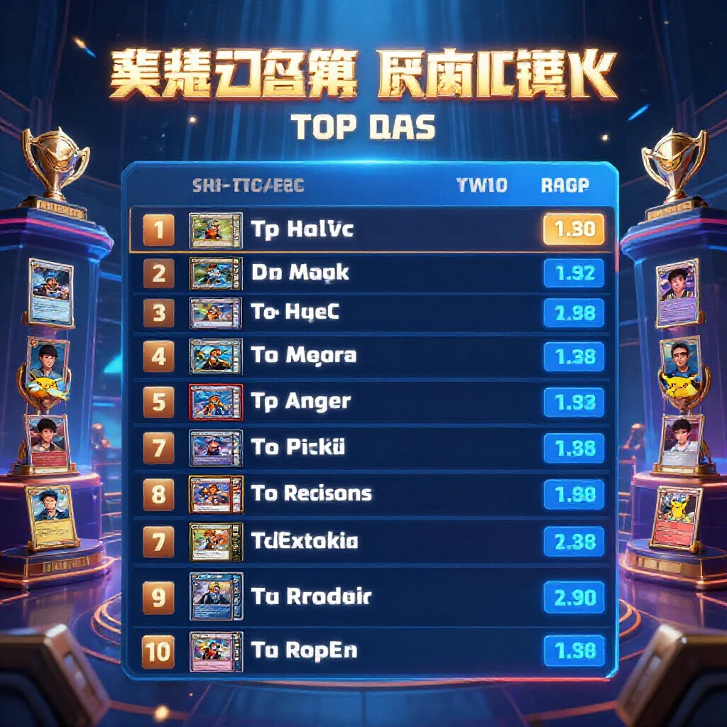 全球TCG排行榜顯示寶可夢、一片、MTG等頂尖遊戲,周圍環繞獎盃和玩家頭像,在未來數位競技場中