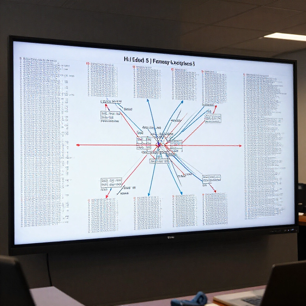 Visual roadmap of repeating number patterns and cycles from historical Fantasy 5 draws connected by lines on a large digital display in analytical workspace