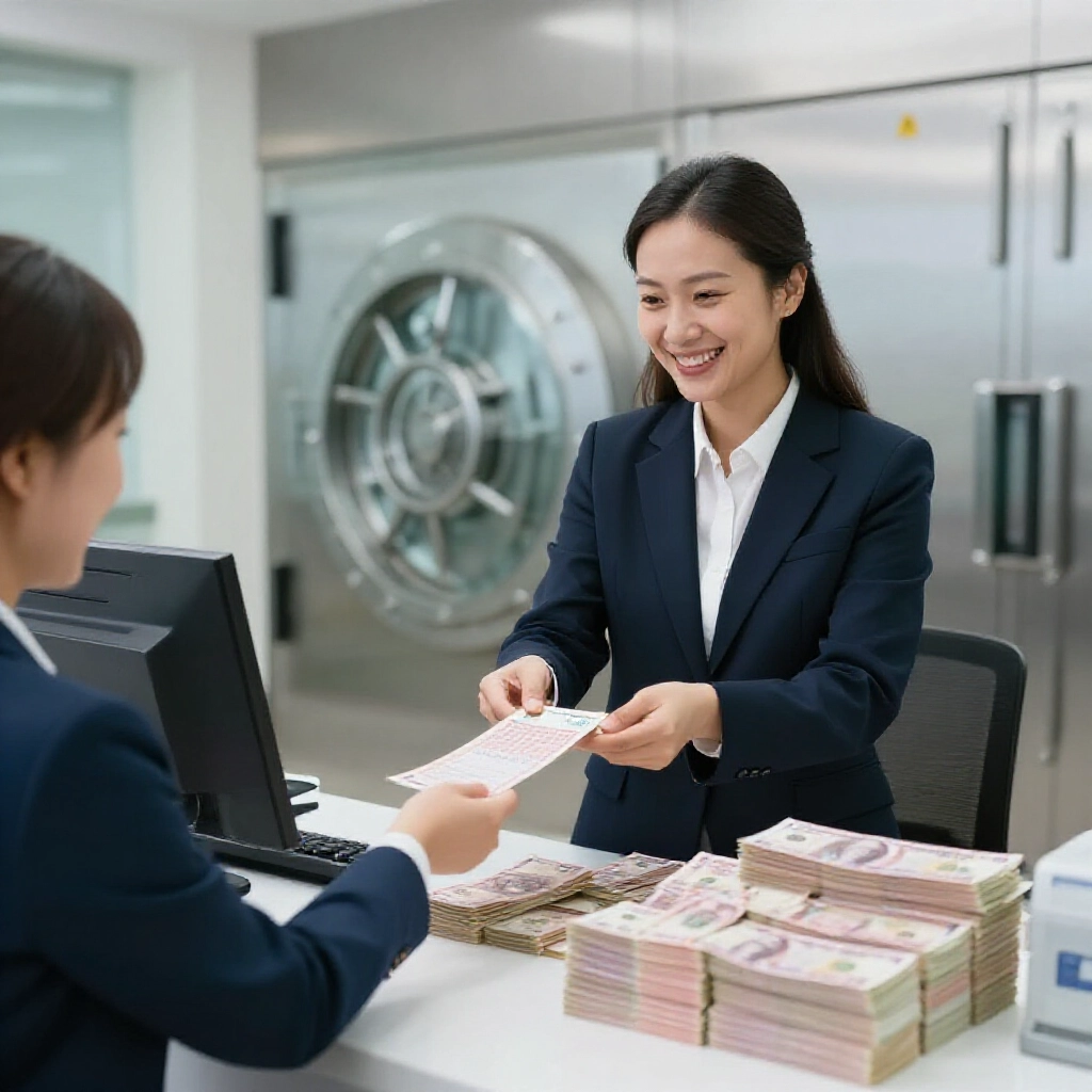 happy winner at bank counter handing lottery ticket to smiling teller surrounded by cash stacks and secure vaults in modern financial office atmosphere