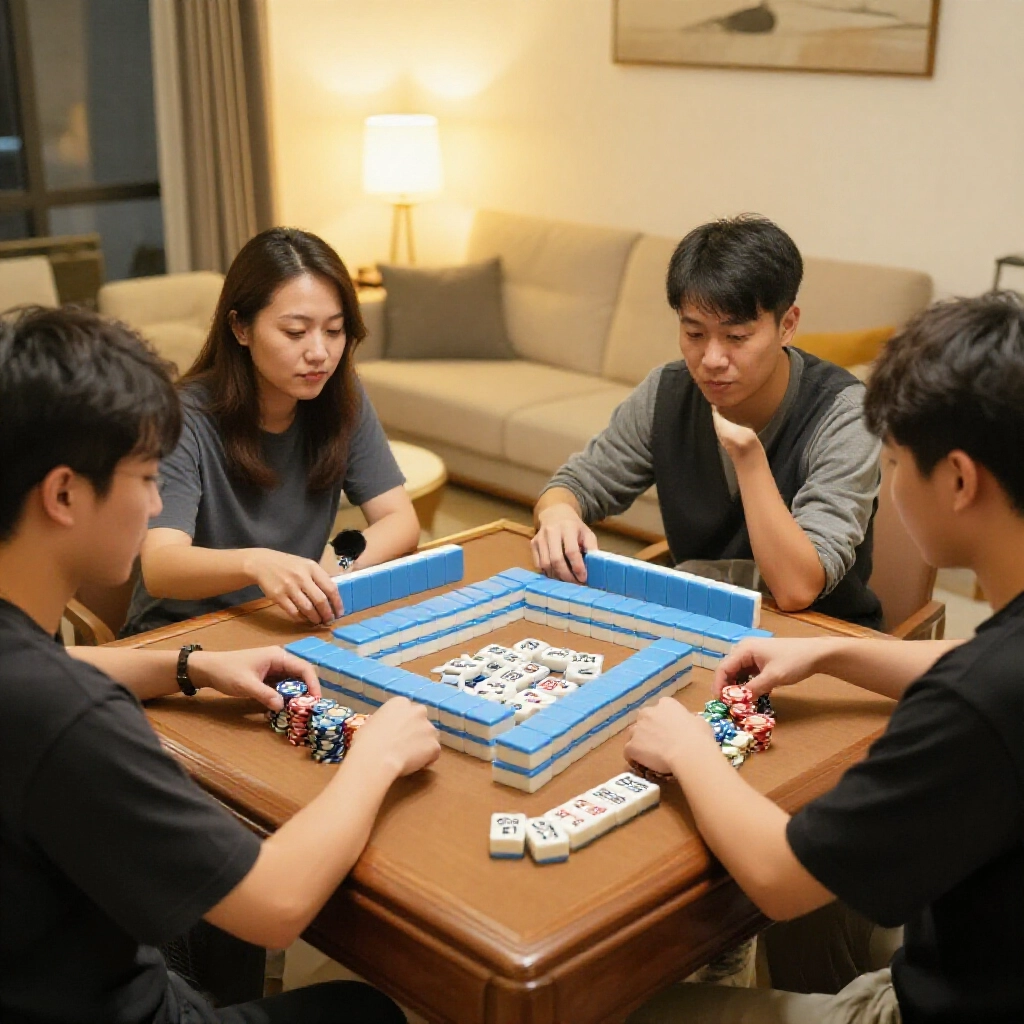 Four enthusiastic Taiwanese friends gathered around a wooden mahjong table in a warmly lit living room stacking colorful chips representing bottom and top scores with focused expressions and scattered tiles