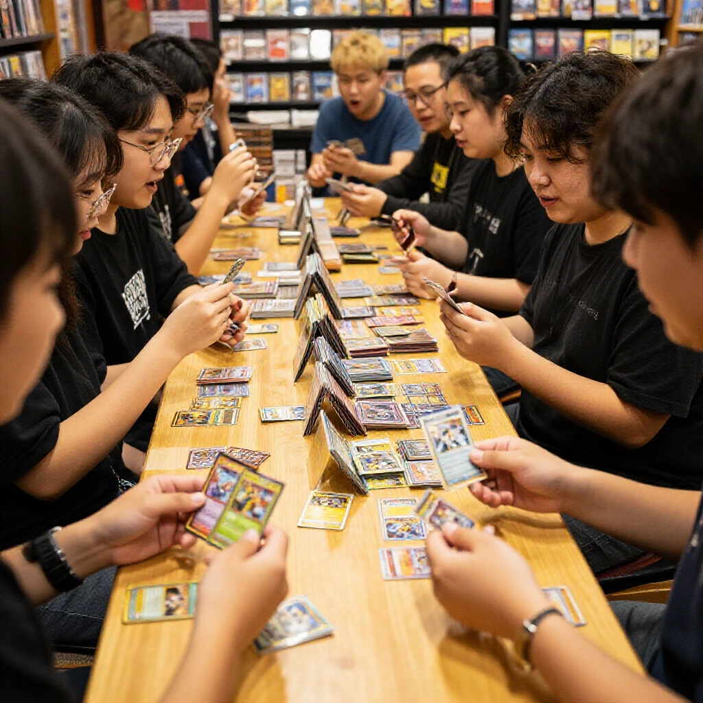 玩家在熱鬧卡店櫃檯交換寶可夢和遊戲王實體卡,堆滿稀有閃卡,周圍充滿興奮討論和溫暖燈光