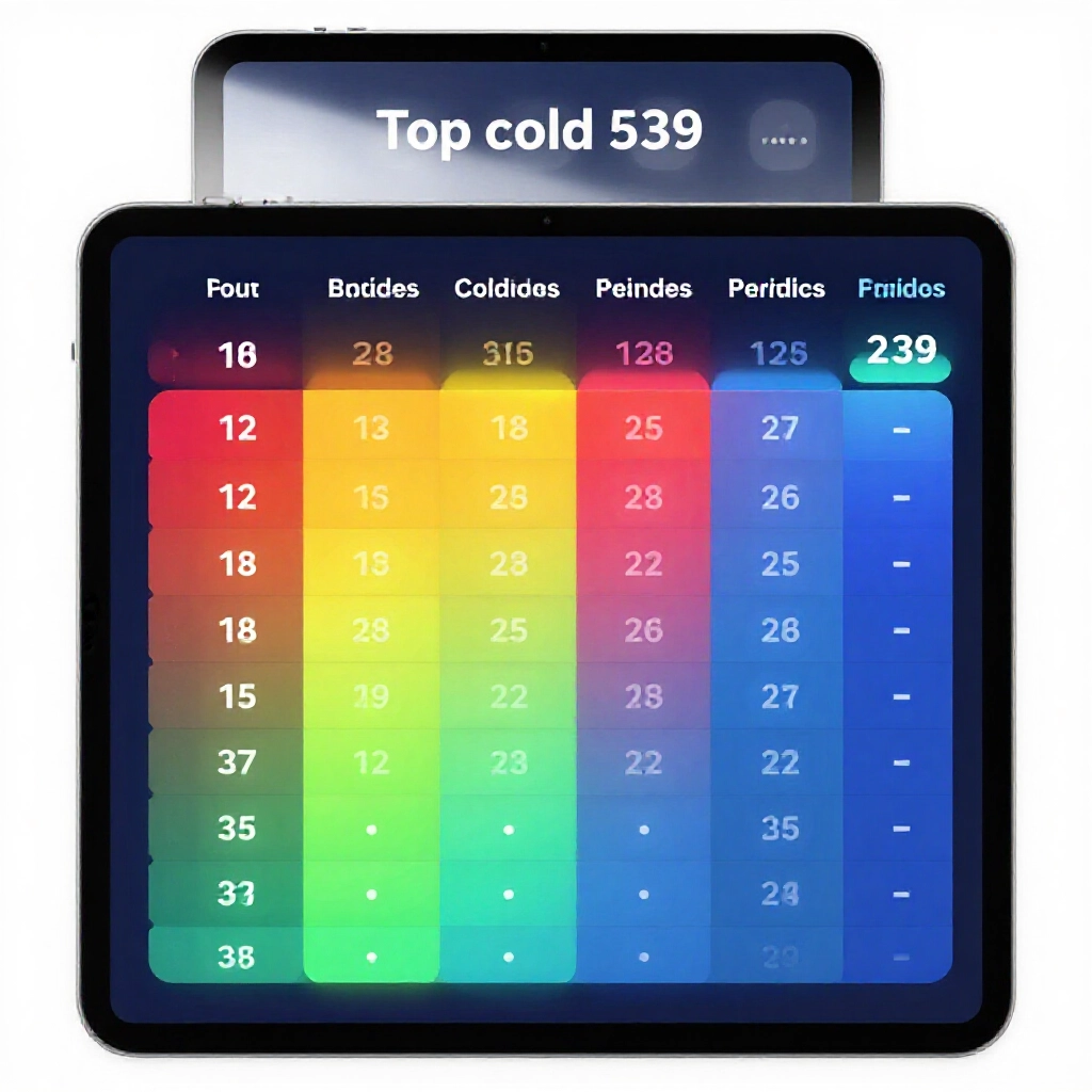 Infographic table visualizing top cold 539 numbers like 12 with 28 periods and 35 with 22 periods in dynamic gradient colors on a modern tablet screen