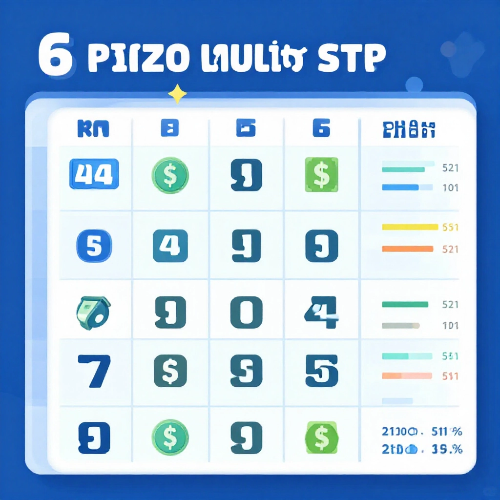 Professional infographic table displaying bingo 6 star prize multiples for hitting 4 5 or 6 numbers alongside money icons and probability charts in clean blue toned design